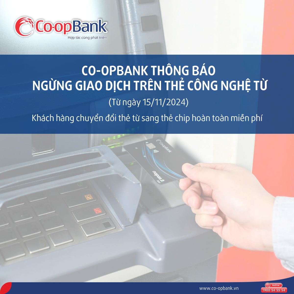 Hình ảnh: Co-opBank thông báo về việc ngừng giao dịch thẻ ghi nợ công nghệ từ số 1