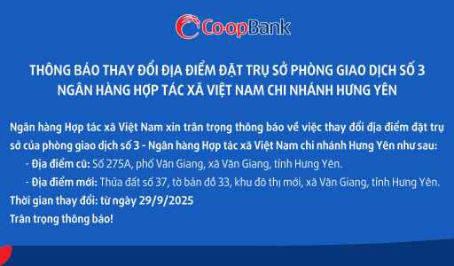 Thông báo thay đổi địa điểm đặt trụ sở của phòng giao dịch số 3 – Ngân hàng Hợp tác xã Việt Nam chi nhánh Hưng Yên