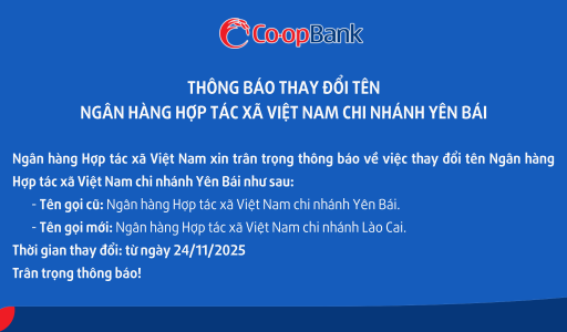 Thông báo thay đổi tên Ngân hàng Hợp tác xã Việt Nam chi nhánh Yên Bái