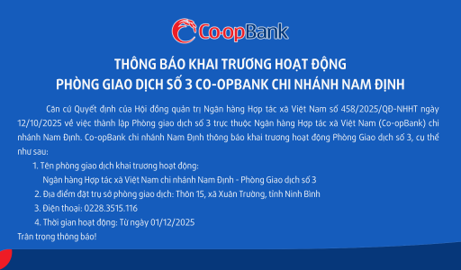 Thông báo khai trương hoạt động  Phòng Giao dịch số 3 – Co-opBank chi nhánh Nam Định