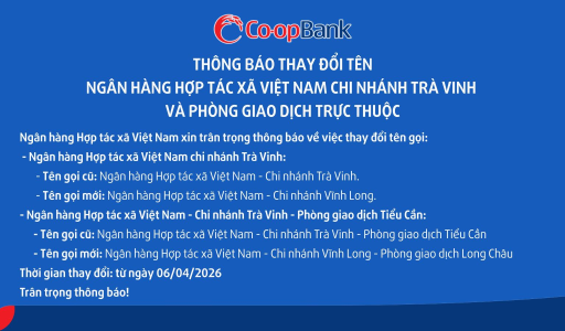 Thông báo thay đổi tên Ngân hàng Hợp tác xã Việt Nam chi nhánh Trà Vinh và Phòng giao dịch trực thuộc