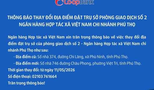 Thông báo thay đổi địa điểm đặt trụ sở của phòng giao dịch số 2 – Co-opBank chi nhánh Phú Thọ