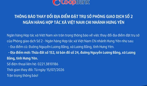 Thông báo thay đổi địa điểm đặt trụ sở của phòng giao dịch số 2 – Co-opBank chi nhánh Hưng Yên