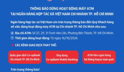 Thông báo dừng hoạt động máy ATM tại Co-opBank chi nhánh TP. Hồ Chí Minh