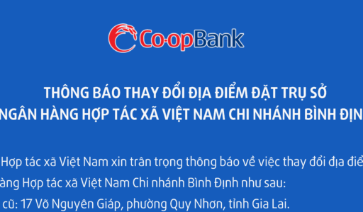 Thông báo thay đổi địa điểm đặt trụ sở Ngân hàng Hợp tác xã Việt Nam chi nhánh Bình Định